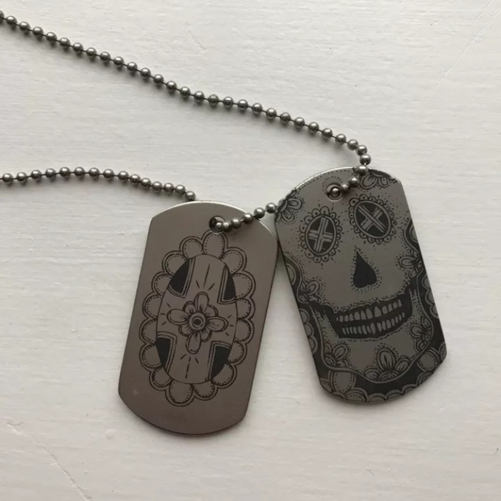 Tattooed Steel Skull Dog Tags